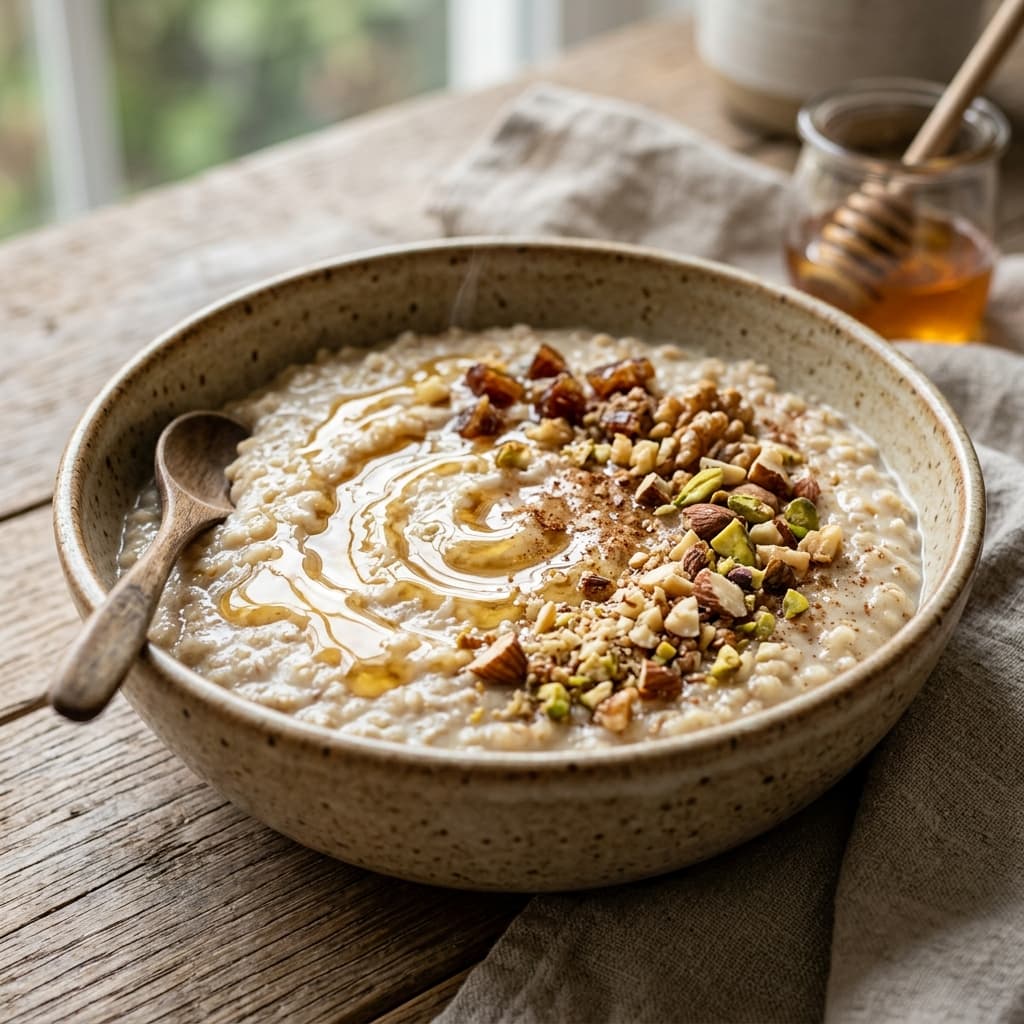 Steaming bowl of golden handcrafted Talbina with roasted almonds and dates